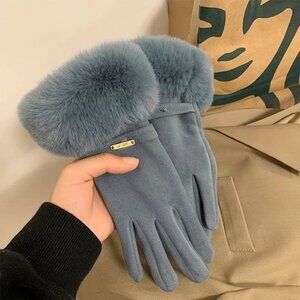 2/$30 Ladies Grey Velvet Gloves with Plush Faux Fur Trim Cuffs Autumn Winter